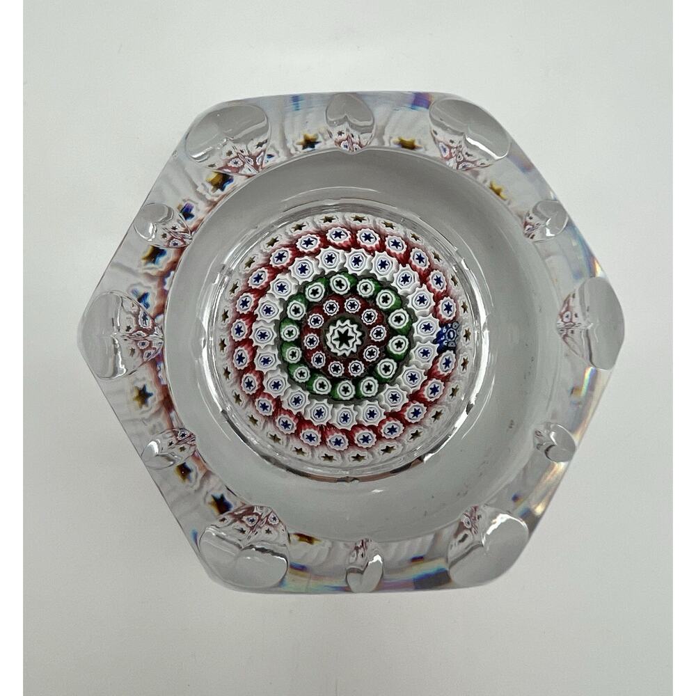 Whitefriars 1974 Faceted Pink Green Millefiori Art Glass Paperweight 3” England